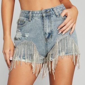 EDGE OF FRINGE HIGH WAIST DIAMOND DENIM SHORTS